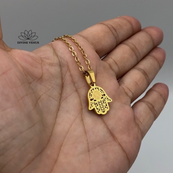 Hamsa Blessed Mother Hand of God Necklace | Gold Plated Stainless Steel - Picture 7 of 7
